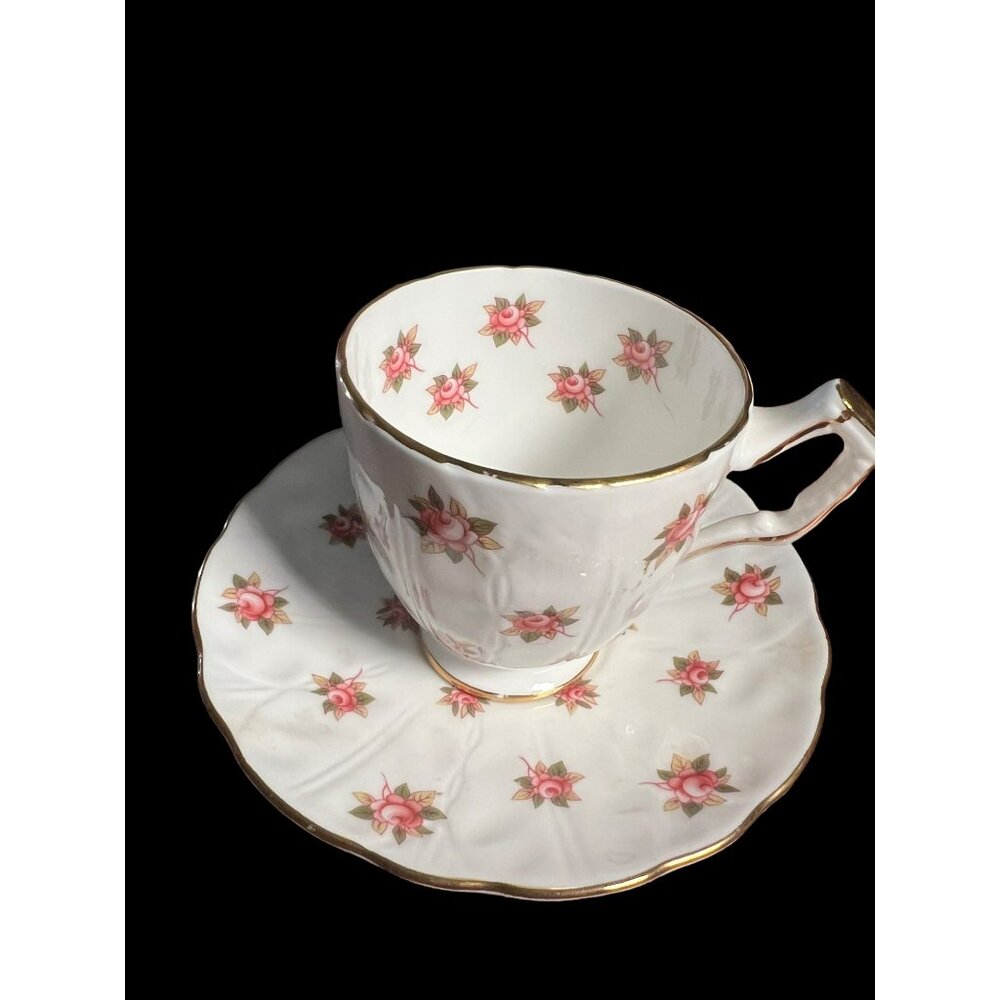VTG Footed Denitasse Cup & Saucer Set Rosedale (Pink Roses, Crocus Shape) by Joh